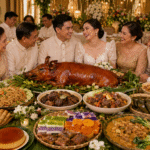 A colorful wedding party and dishes