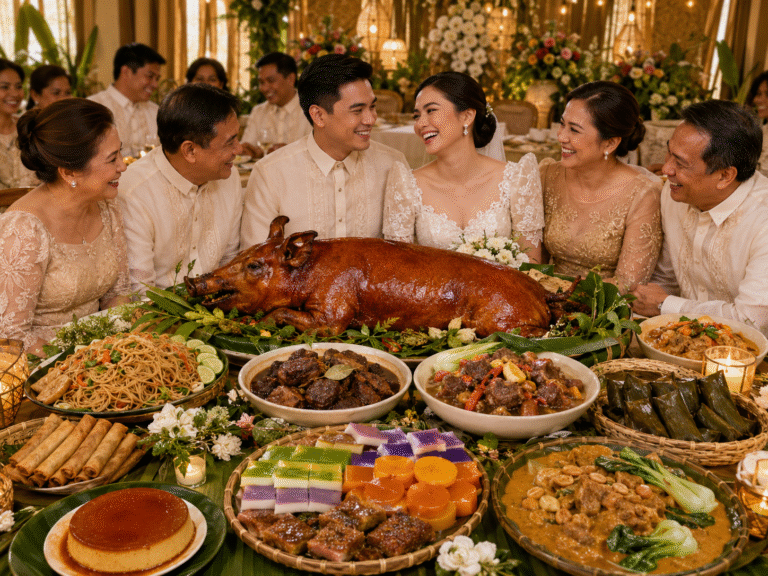 A colorful wedding party and dishes