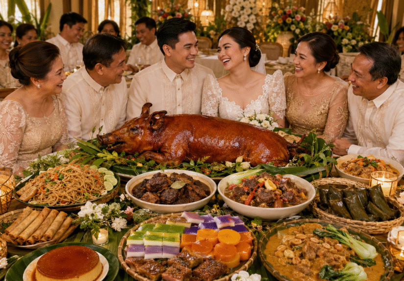 A colorful wedding party and dishes