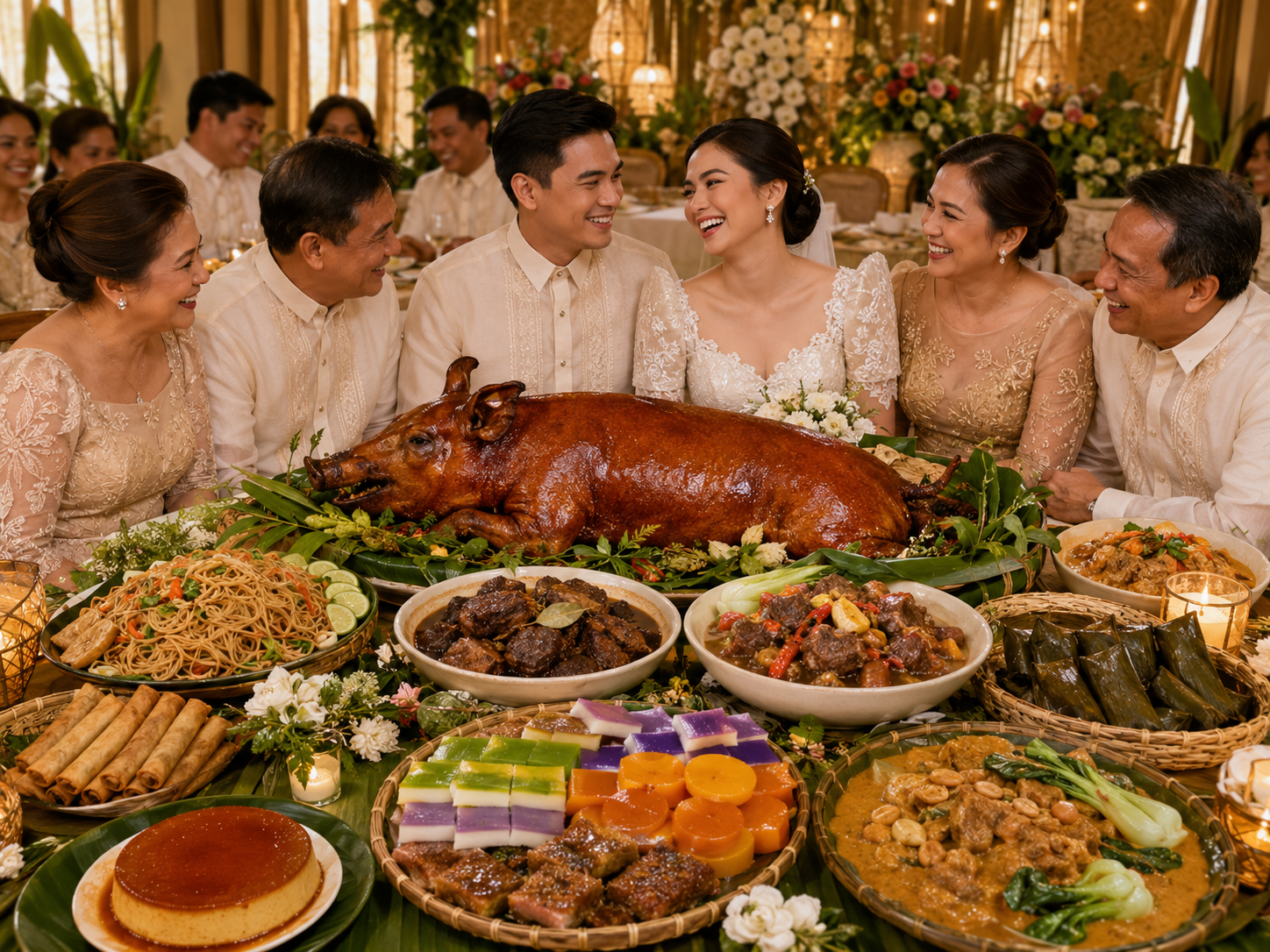 A colorful wedding party and dishes