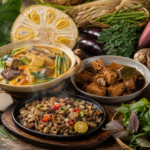 A variety of Asian dishes on a wooden table