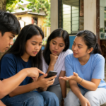 Group of teenagers looking at cell phones together