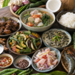 Traditional Filipino food on a wooden table