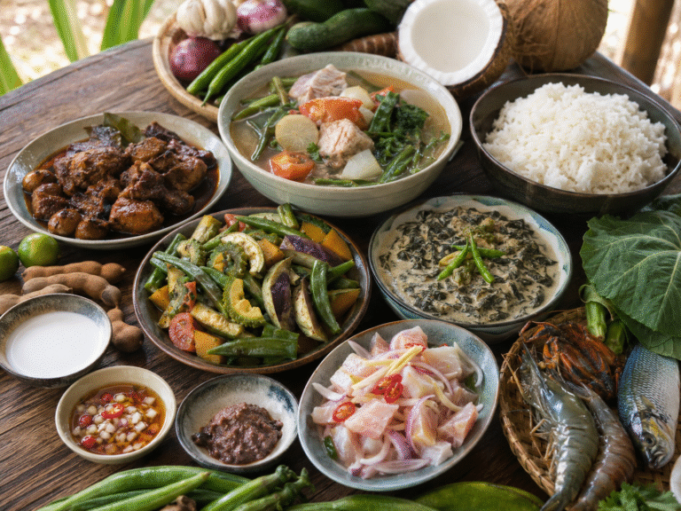 Traditional Filipino food on a wooden table