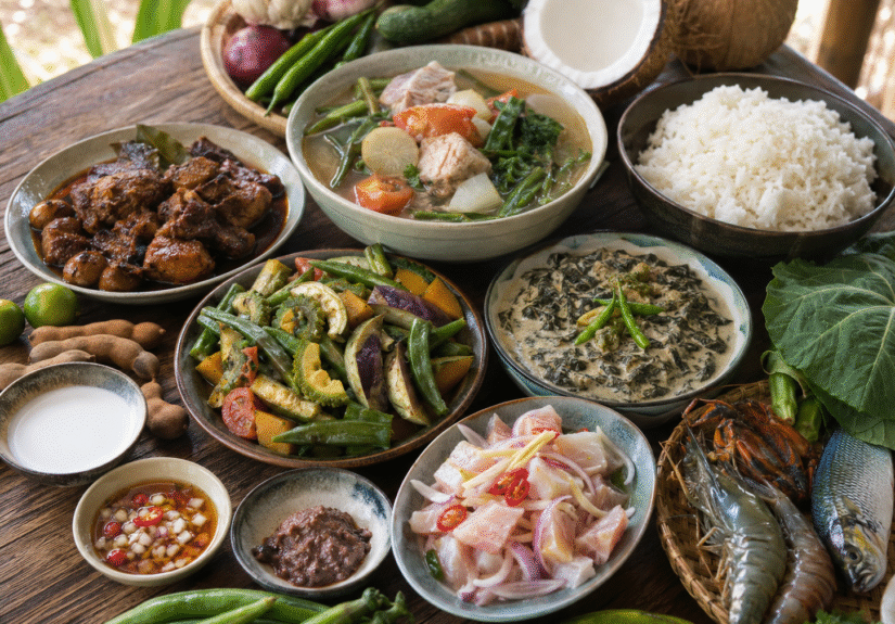 Traditional Filipino food on a wooden table