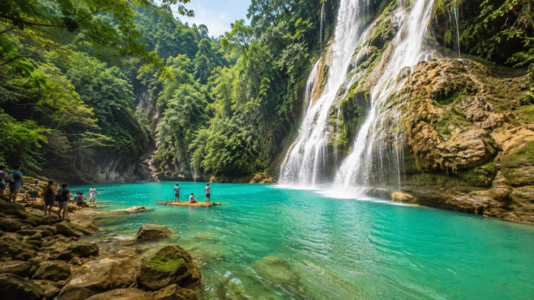 Tropical waterfall with bamboo boat