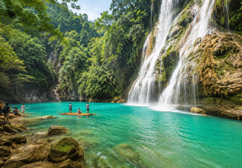 Tropical waterfall with bamboo boat
